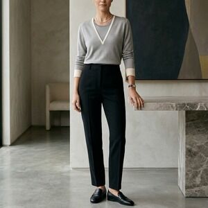 Akris Wool Mulberry Silk Grey V-Neck Layered Look Sweater Ivory Trim Size 6 EUC